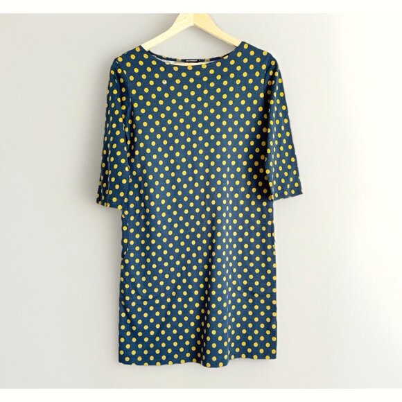 Marimekko Size XS Blue Yellow Polka Dot Shift Dress Pockets Minimalist Mod Retro - Picture 3 of 9